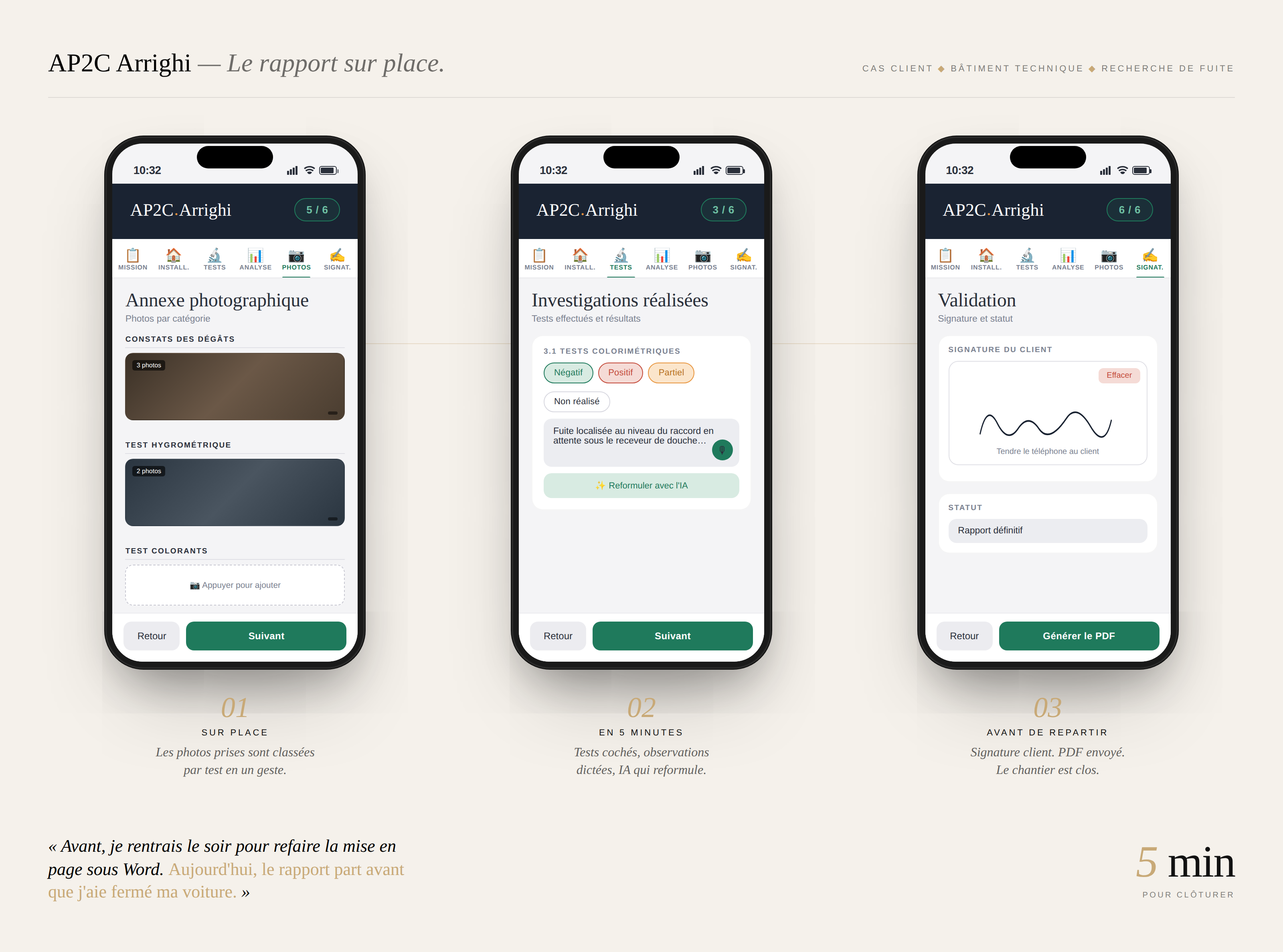 AP2C Arrighi — Le rapport sur place. Application mobile en 3 écrans.